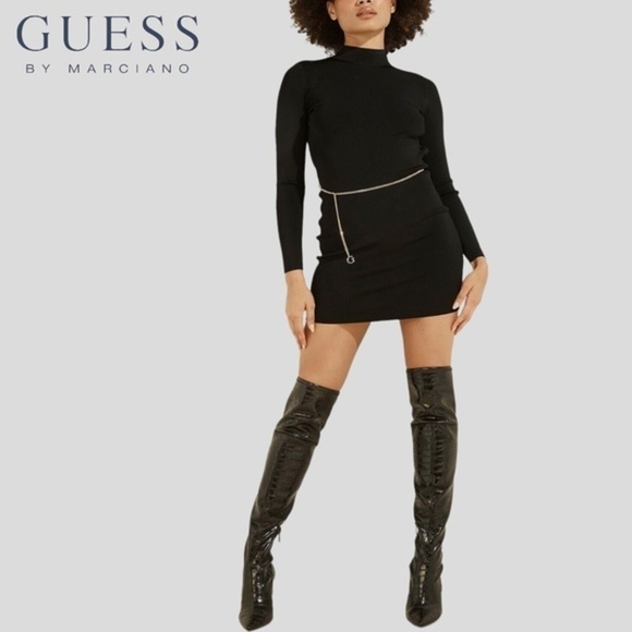 GUESS NWT Mariah Long Sleeve Mock Neck Open Back MiniDress w/Logo Chain Belt/XL - Picture 4 of 15